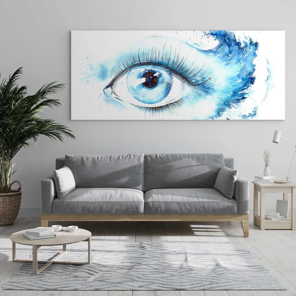Glasbild - Bild auf glas - Künstlerisches Aquarell eines Auges mit einer dynamischen Welle - 120x50cm - Tauchen Sie ein in das Blau der Blicke - Moderne Wanddekoration für Wohnzimmer und Schlafzimmer ARTTOR