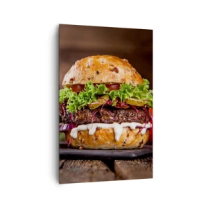 Bild auf Leinwand - Leinwandbild - Appetitliche Burger mit Gemüse und Sauce - 80x120cm - Amerikanischer Traum - Moderne Wanddekoration für Wohnzimmer und Schlafzimmer ARTTOR