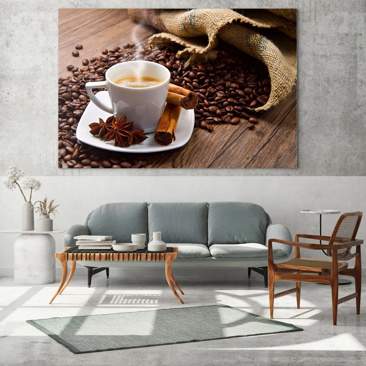 Glasbild - Bild auf glas - Eine Tasse Kaffee mit Zimt und Kaffeebohnen auf einem Holztisch - 120x80cm - Würziger Geschmack und Aroma - Moderne Wanddekoration für Wohnzimmer und Schlafzimmer ARTTOR