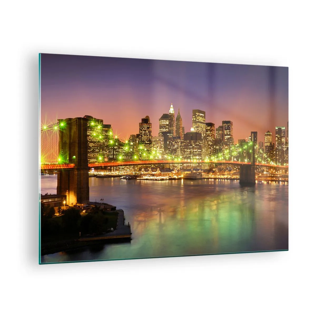 Glasbild - Bild auf glas - Beleuchtete Brücke über den Fluss mit Panoramablick auf die Stadt in der Abenddämmerung - 70x50cm - Hier geht das Licht nie aus - Moderne Wanddekoration für Wohnzimmer und Schlafzimmer ARTTOR