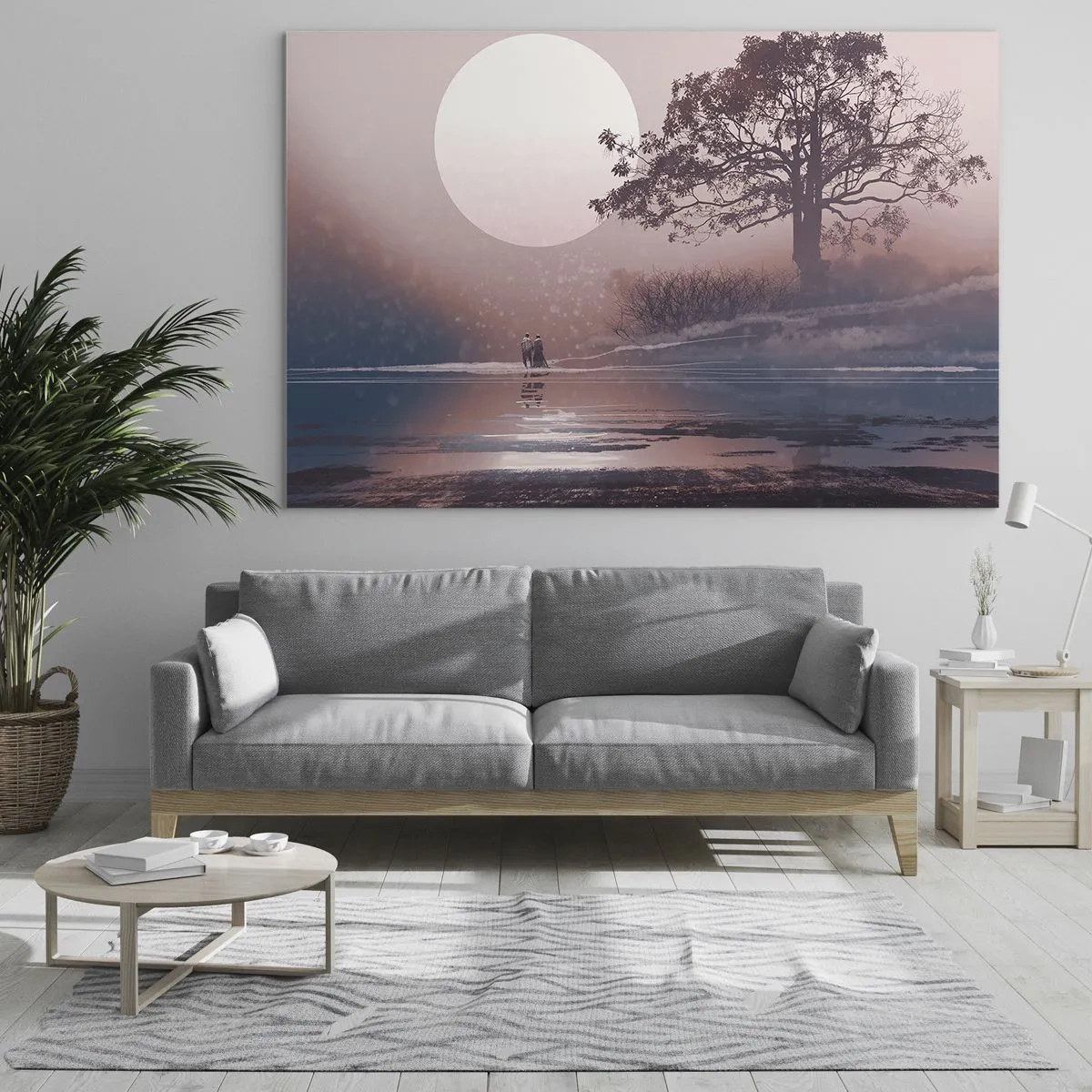 Glasbild - Bild auf glas - Eine zauberhafte Landschaft mit Baum, Mond und Figuren - 100x70cm - Wunder der Nacht - Moderne Wanddekoration für Wohnzimmer und Schlafzimmer ARTTOR