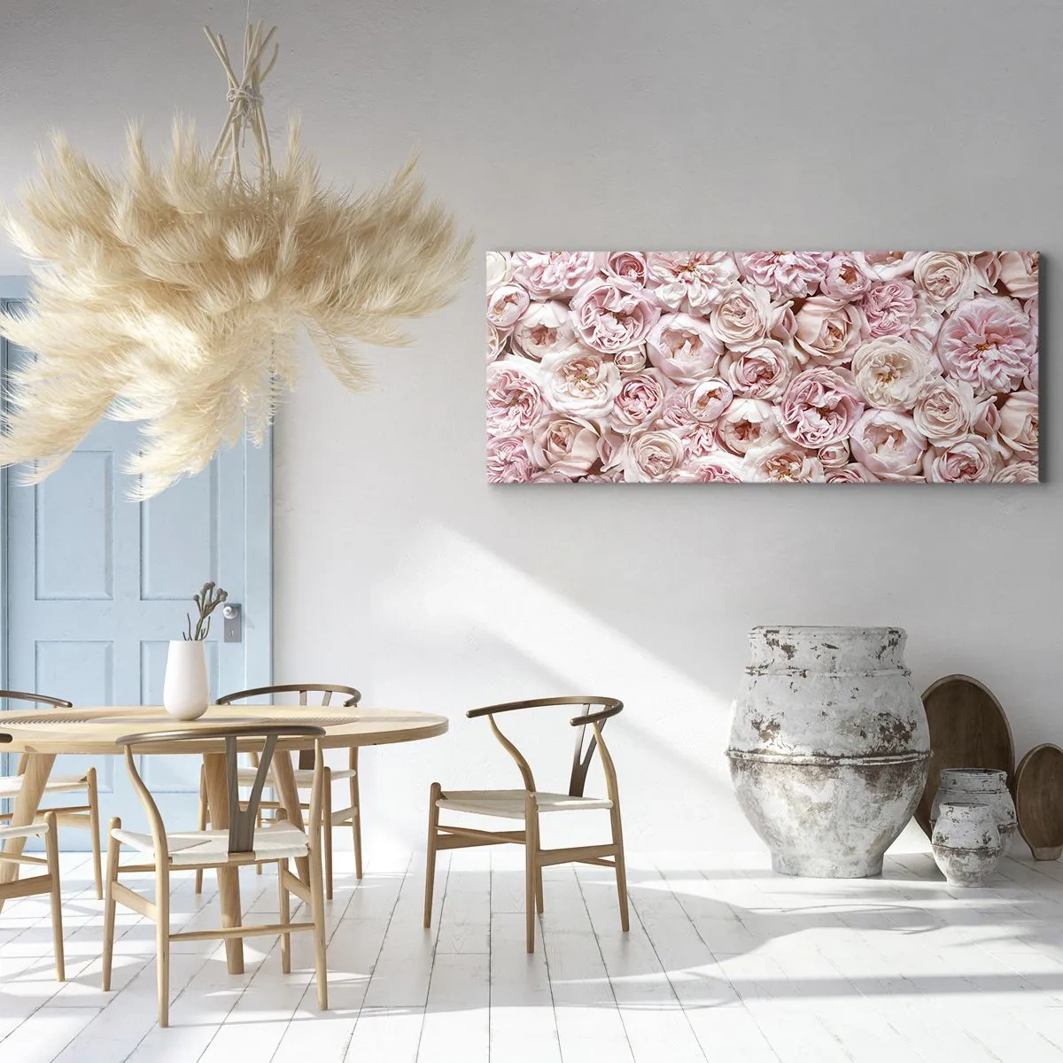 Bild auf Leinwand - Leinwandbild - Zarte Rosen in Rosatönen auf der gesamten Oberfläche - 120x50cm - Auf Rosen gebettet - Moderne Wanddekoration für Wohnzimmer und Schlafzimmer ARTTOR