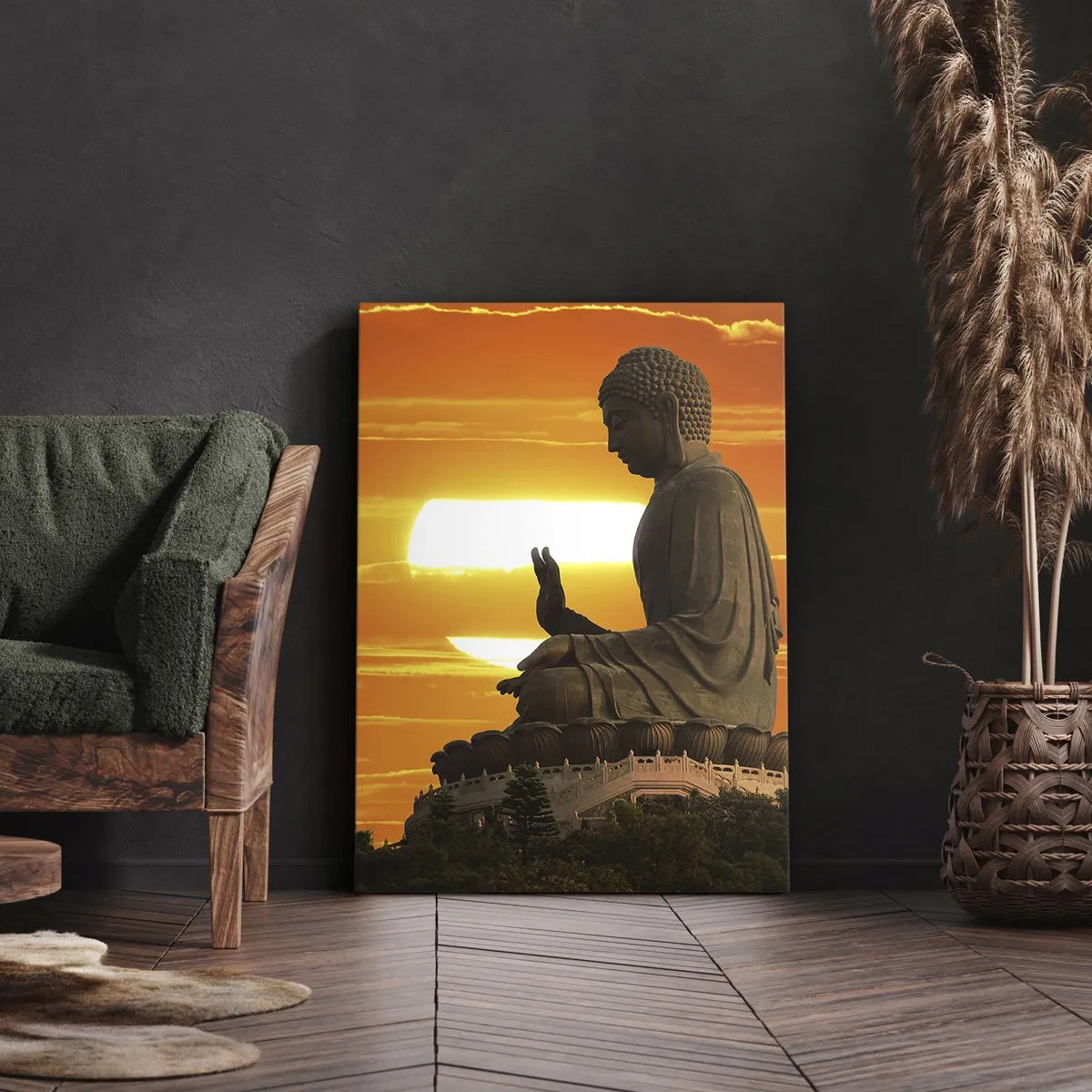 Bild auf Leinwand - Leinwandbild - Eine buddhistische Statue vor dem Hintergrund eines orangefarbenen Sonnenuntergangs - 70x100cm - Keine Angst vor der Welt - Moderne Wanddekoration für Wohnzimmer und Schlafzimmer ARTTOR