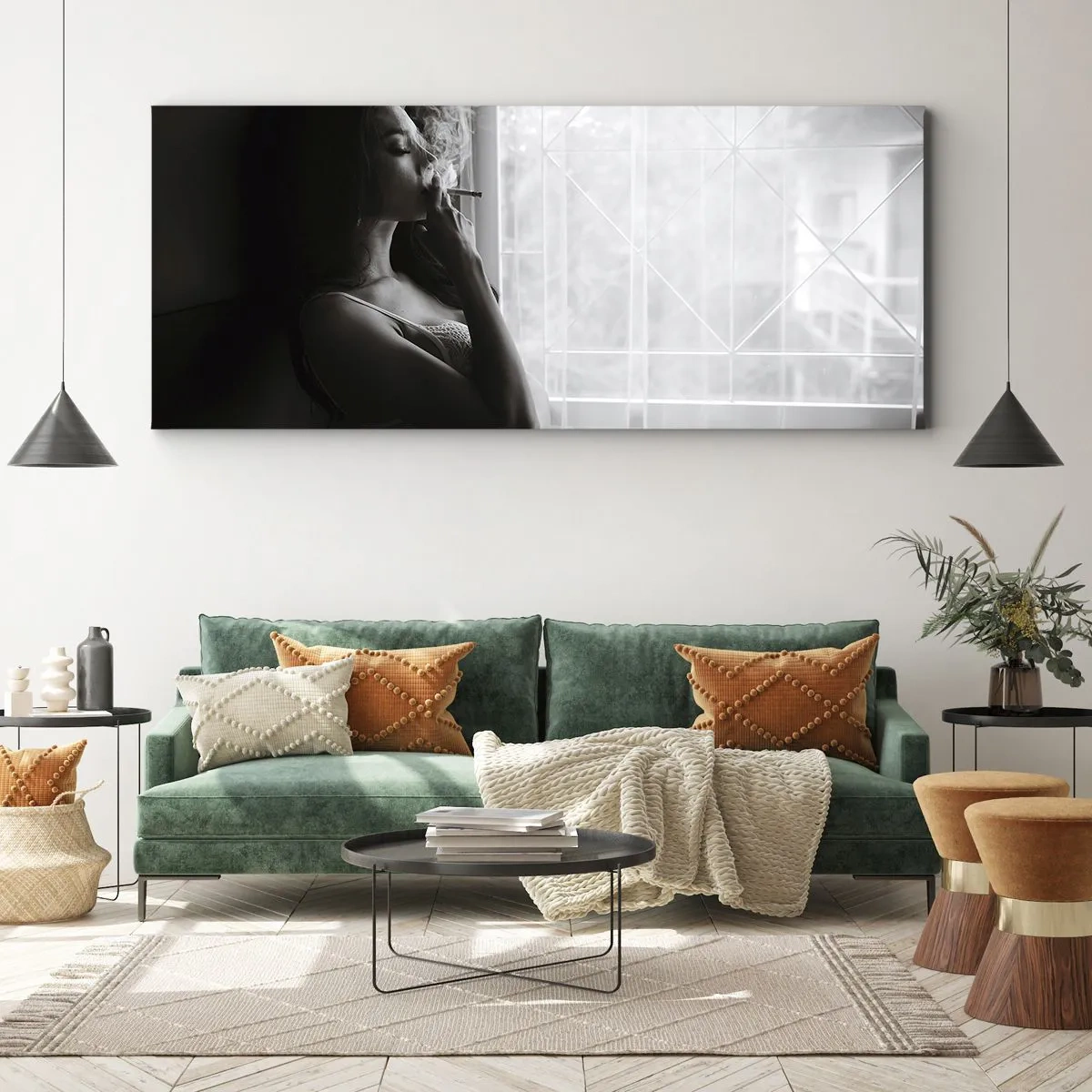 Bild auf Leinwand - Leinwandbild - Eine Frau in sinnlicher Pose auf einem Schwarzweißfoto - 120x50cm - Sinnlicher Moment - Moderne Wanddekoration für Wohnzimmer und Schlafzimmer ARTTOR