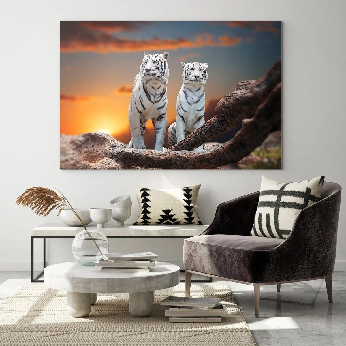 Glasbild - Bild auf glas - Weiße Tiger vor der untergehenden Sonne - 120x80cm - Genau wie Narnia - Moderne Wanddekoration für Wohnzimmer und Schlafzimmer ARTTOR