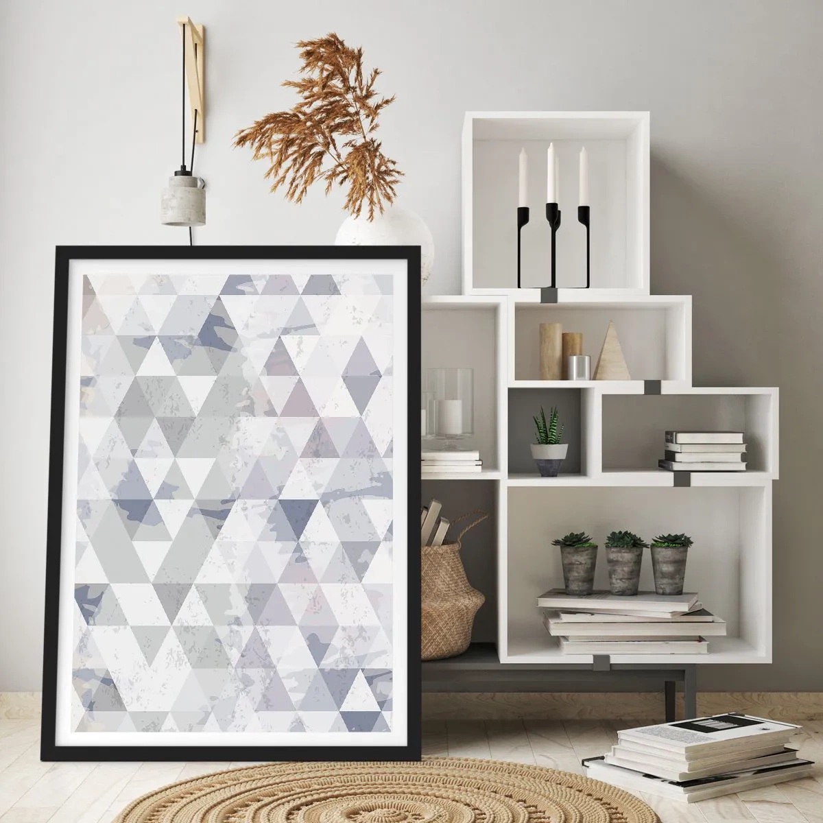 Poster in einem schwarzem Rahmen - Geometrisches Muster aus Dreiecken in Grautönen - 50x70cm - Im Rhythmus auf drei - Moderne Wanddekoration für Wohnzimmer und Schlafzimmer ARTTOR