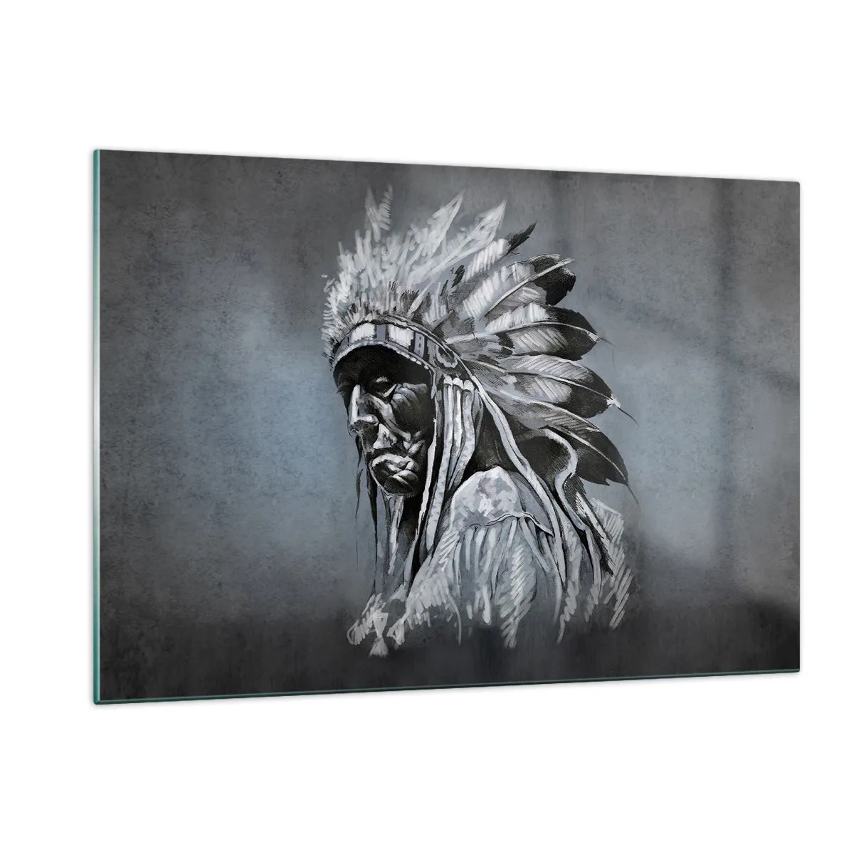 Glasbild - Bild auf glas - Porträt eines Mannes mit Federkopfschmuck vor dunkelgrauem Hintergrund - 120x80cm - Zurück zu den Wurzeln - Moderne Wanddekoration für Wohnzimmer und Schlafzimmer ARTTOR