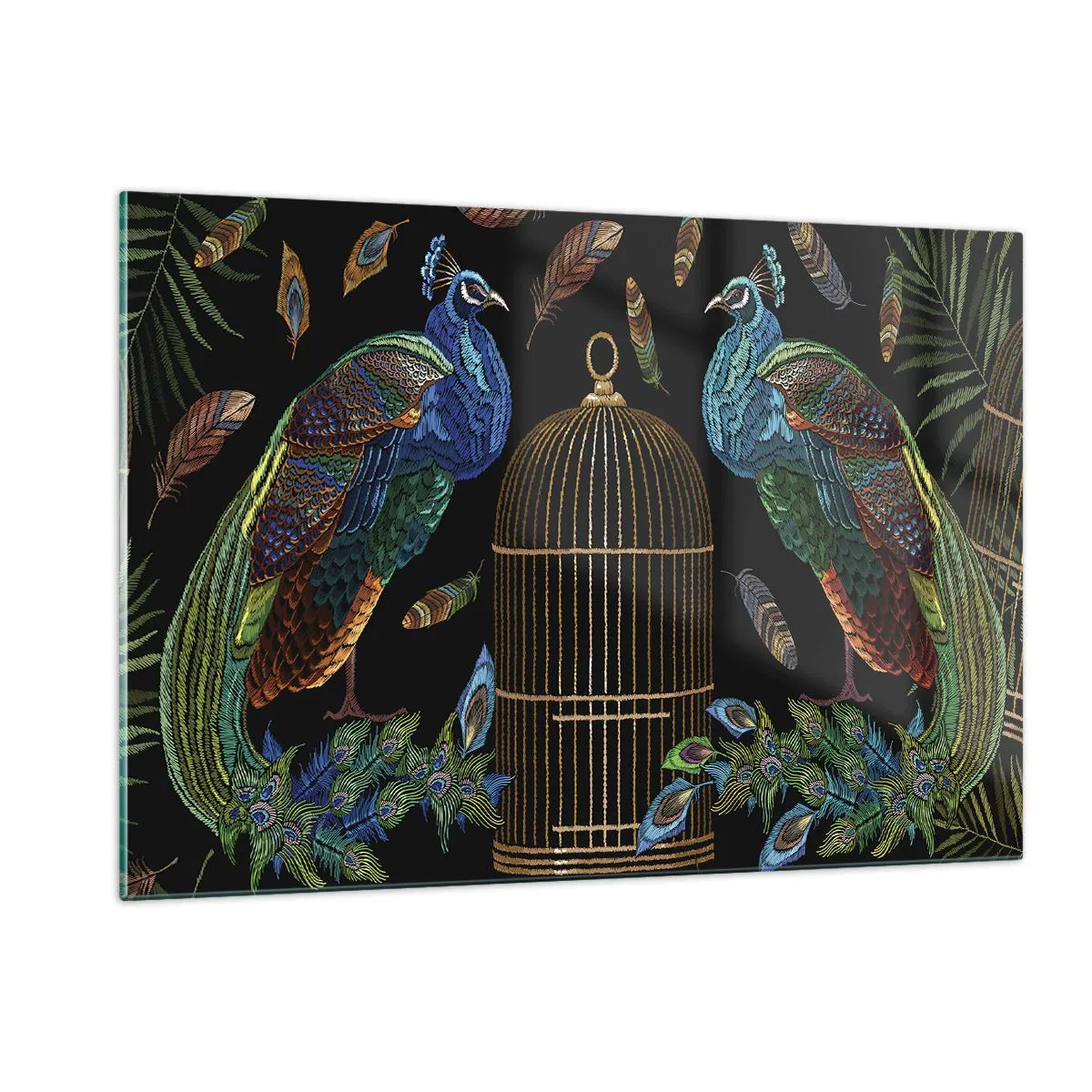 Glasbild - Bild auf glas - Bunte Pfauen und ein Käfig auf schwarzem Hintergrund - 120x80cm - In königlichen Gewändern - Moderne Wanddekoration für Wohnzimmer und Schlafzimmer ARTTOR