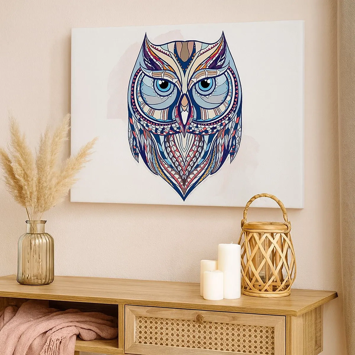 Bild auf Leinwand - Leinwandbild - Geometrische Eule in Blau- und Beigetönen - 70x50cm - Aufwendige Ziereule - Moderne Wanddekoration für Wohnzimmer und Schlafzimmer ARTTOR