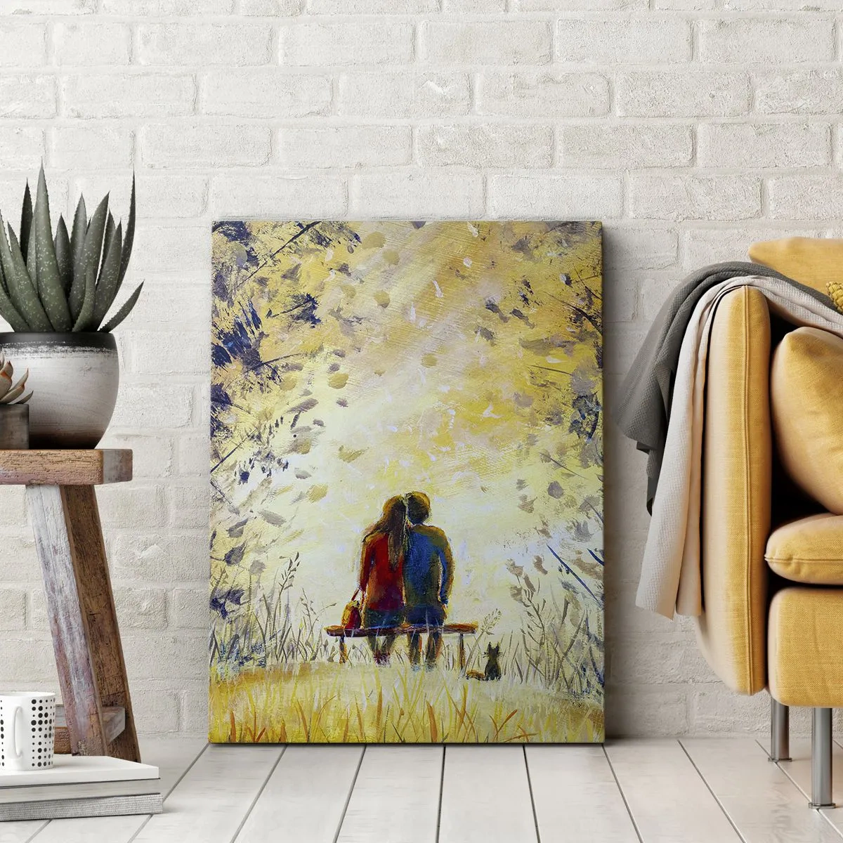 Bild auf Leinwand - Leinwandbild - Ein Paar sitzt auf einer Bank zwischen herbstlichen Bäumen im Sonnenlicht - 50x70cm - Magischer Augenblick - Moderne Wanddekoration für Wohnzimmer und Schlafzimmer ARTTOR
