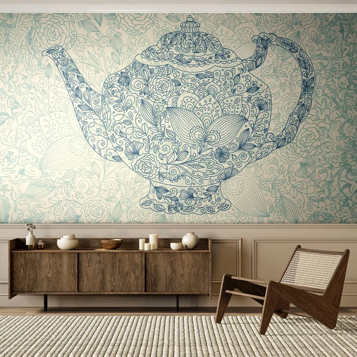 Fototapete Premium Sand - Dekorative Teekanne im floralen Linienstil - 100x70cm - Tee-Charm - Moderne Wanddekoration für Wohnzimmer und Schlafzimmer ARTTOR