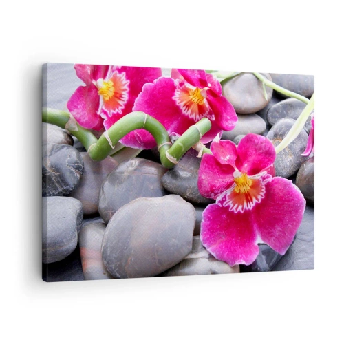 Bild auf Leinwand - Leinwandbild - Rosa Orchideen vor einem Hintergrund aus glatten Steinen - 70x50cm - Kühlen und erhitzen - Moderne Wanddekoration für Wohnzimmer und Schlafzimmer ARTTOR