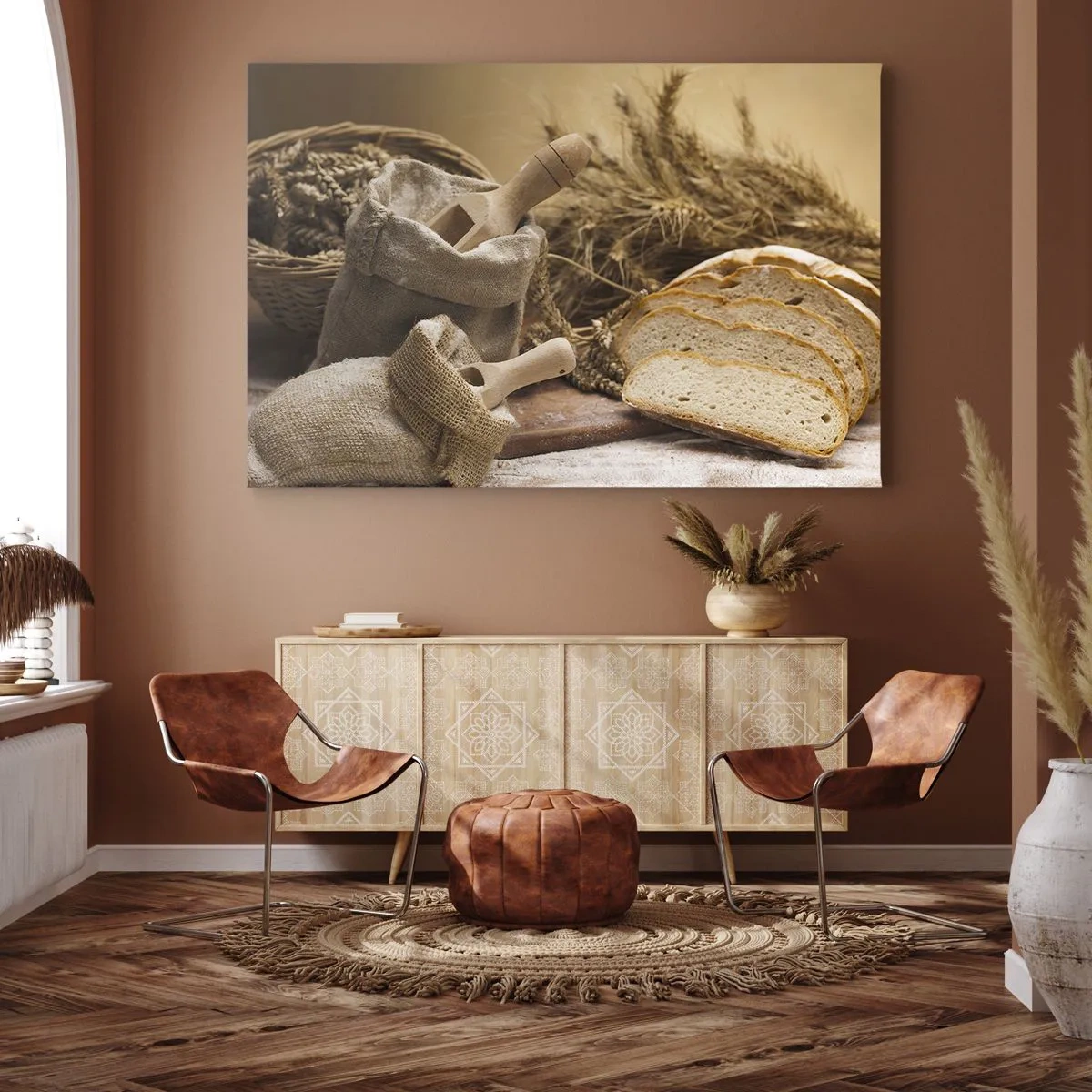 Bild auf Leinwand - Leinwandbild - Eine Landschaft mit Brot, Mehl und Ähren im rustikalen Stil. - 120x80cm - Wie mit einem Messer geschnitten - Moderne Wanddekoration für Wohnzimmer und Schlafzimmer ARTTOR