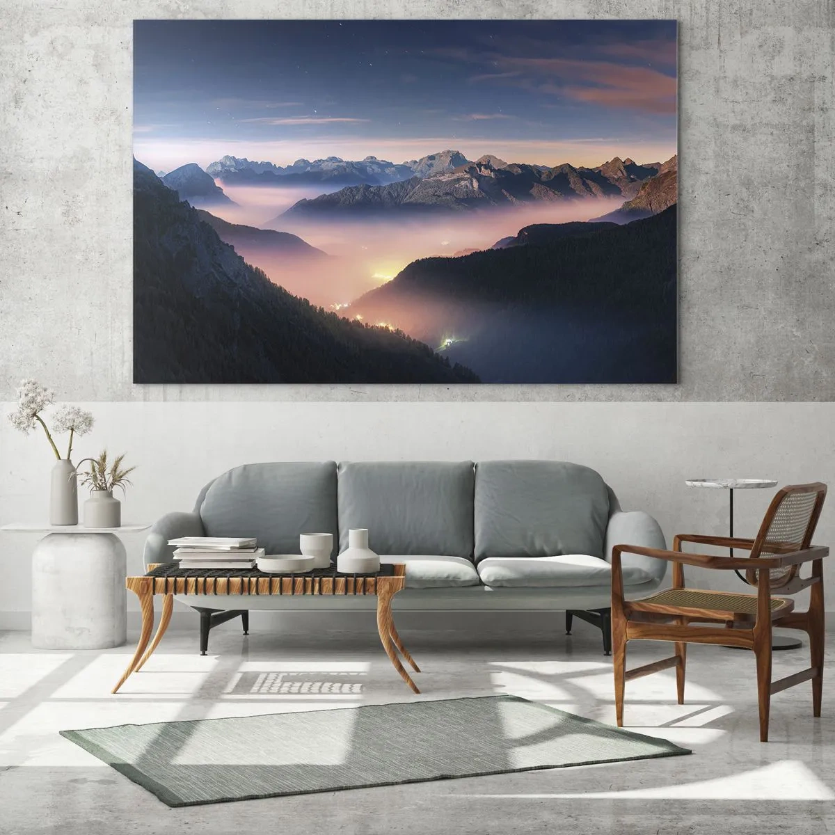 Glasbild - Bild auf glas - Berglandschaft bei Sonnenuntergang mit Nebel im Tal - 120x80cm - Licht in den Tälern - Moderne Wanddekoration für Wohnzimmer und Schlafzimmer ARTTOR