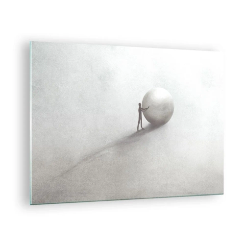 Glasbild - Bild auf glas - Eine minimalistische Silhouette eines Mannes mit einem großen Ball auf hellem Hintergrund. - 70x50cm - Das Spiel des Lebens - Moderne Wanddekoration für Wohnzimmer und Schlafzimmer ARTTOR