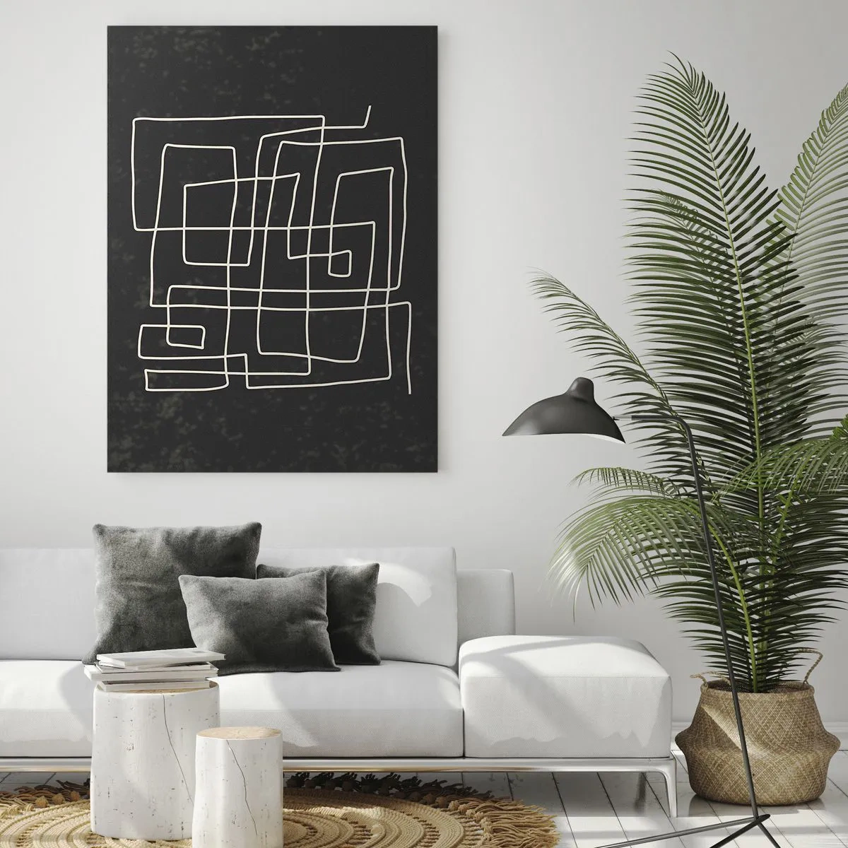 Glasbild - Bild auf glas - Geometrische Abstraktion mit weißen Linien auf schwarzem Hintergrund - 50x70cm - Nicht so einfach - Moderne Wanddekoration für Wohnzimmer und Schlafzimmer ARTTOR