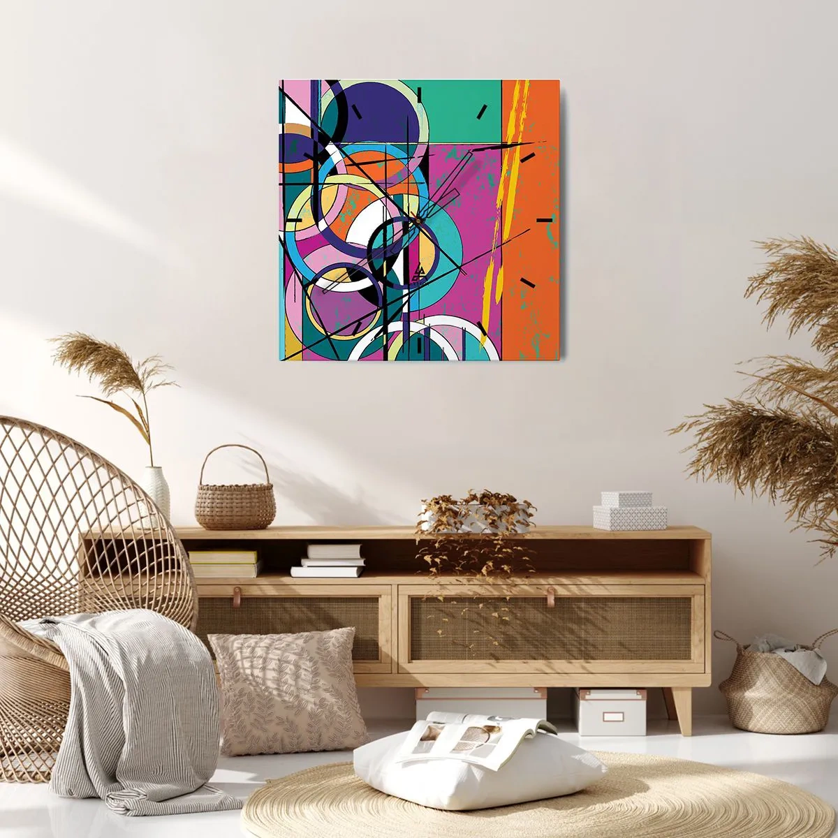 Wanduhr - Glasuhr - Bunte Abstraktion mit geometrischen Kreisen - 30x30cm - Rad für Rad - Moderne Wanddekoration für Wohnzimmer und Schlafzimmer ARTTOR