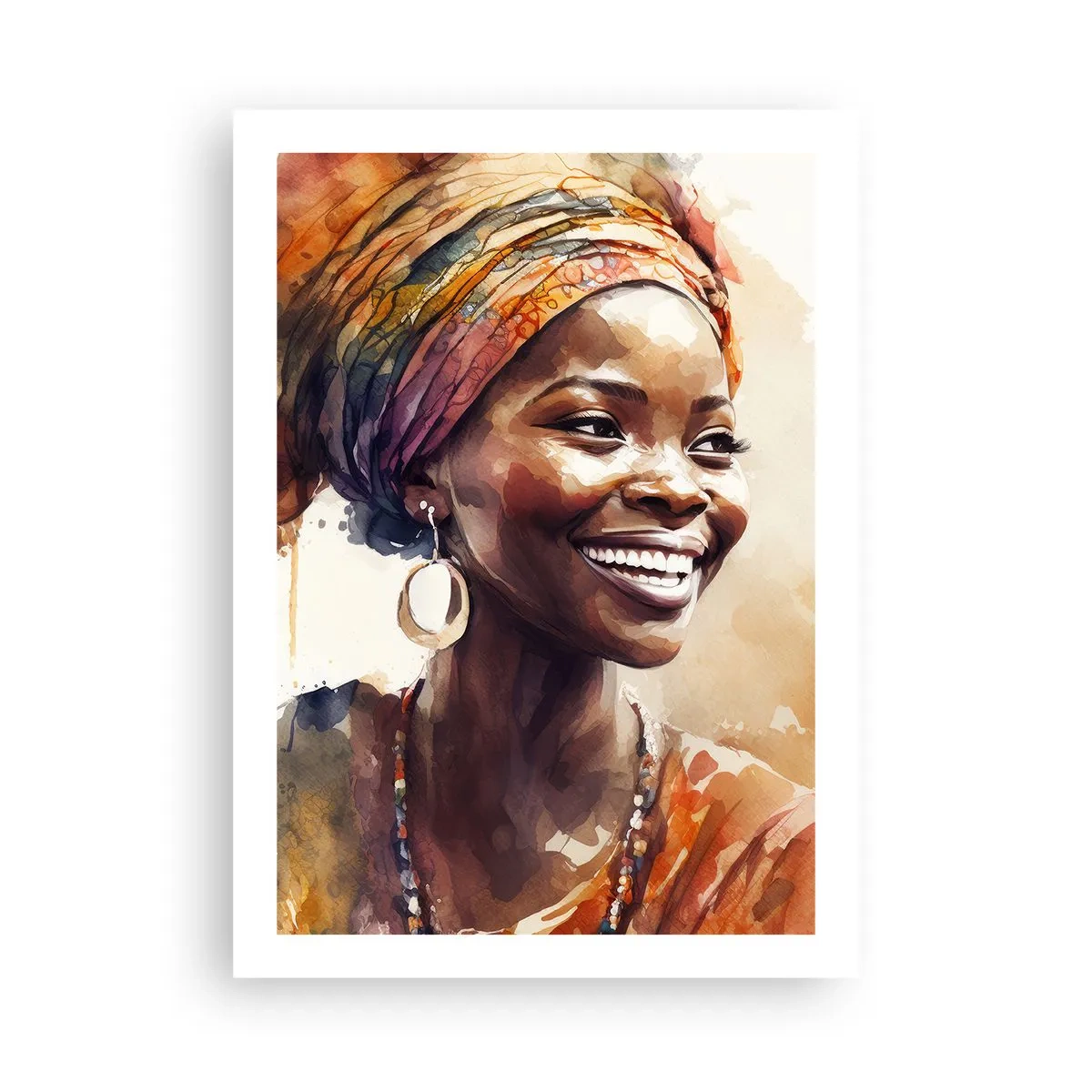 Poster - Porträt einer lächelnden Frau mit buntem Turban - 50x70cm - Afrikanische Königin - Moderne Wanddekoration für Wohnzimmer und Schlafzimmer ARTTOR