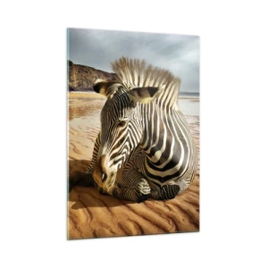 Glasbild - Bild auf glas - Ein Zebra ruht sich bei Sonnenuntergang am Strand aus - 50x70cm - Wir passen zusammen - Moderne Wanddekoration für Wohnzimmer und Schlafzimmer ARTTOR
