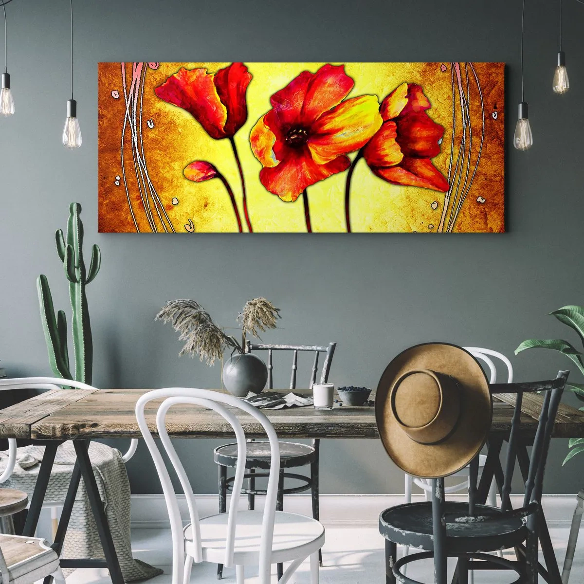 Bild auf Leinwand - Leinwandbild - Rote und gelbe Blumen auf goldenem Hintergrund mit dekorativen Mustern - 120x50cm - In Jugendstil-Dekorationen - Moderne Wanddekoration für Wohnzimmer und Schlafzimmer ARTTOR