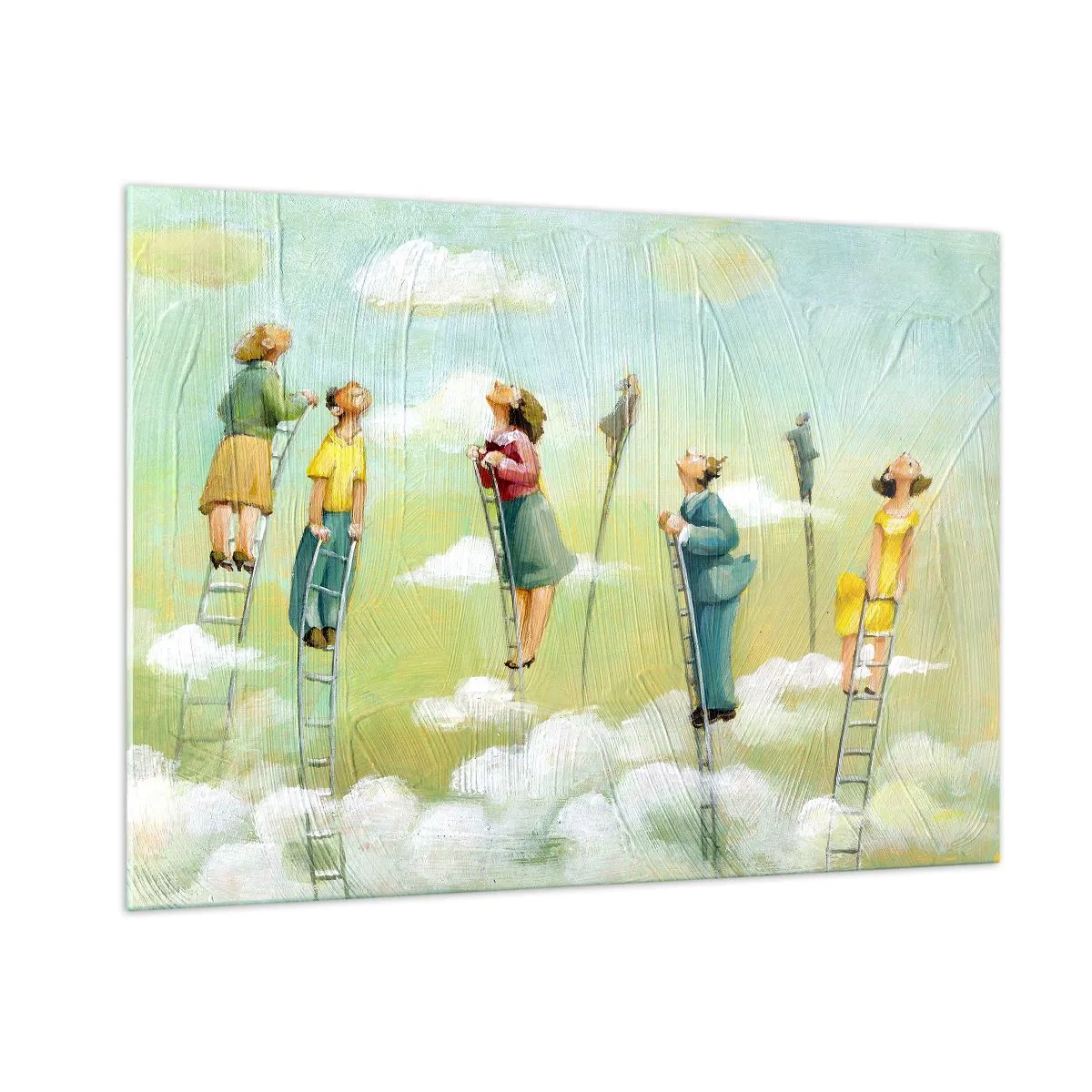 Glasbild - Bild auf glas - Figuren, die Leitern zwischen den Wolken hinaufklettern - 100x70cm - Hinter deinem Traum - Moderne Wanddekoration für Wohnzimmer und Schlafzimmer ARTTOR