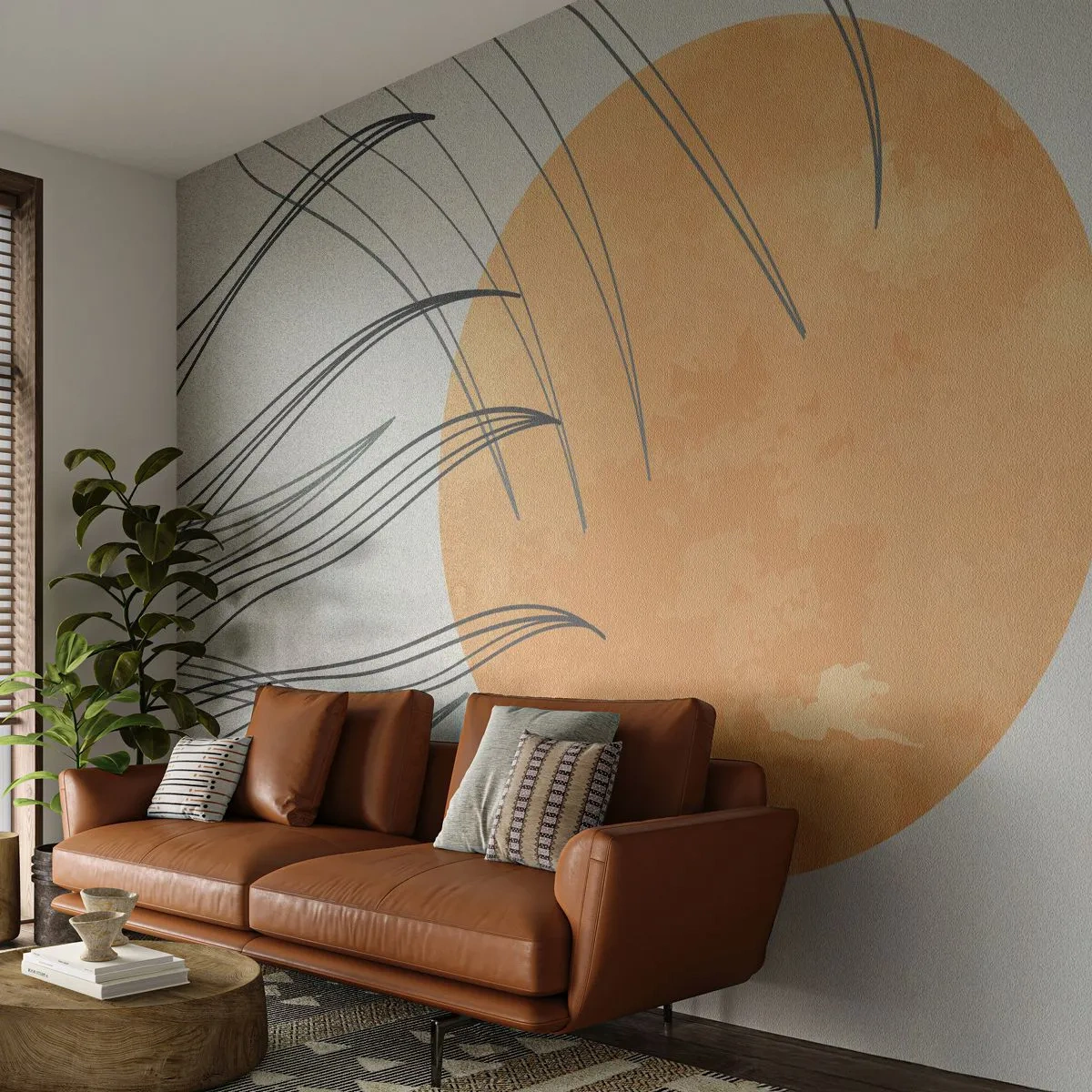 Fototapete Premium Sand - Eine orangefarbene Sonne mit Linien, die an Gras im Wind erinnern - 100x70cm - Immer der Sonne entgegen - Moderne Wanddekoration für Wohnzimmer und Schlafzimmer ARTTOR