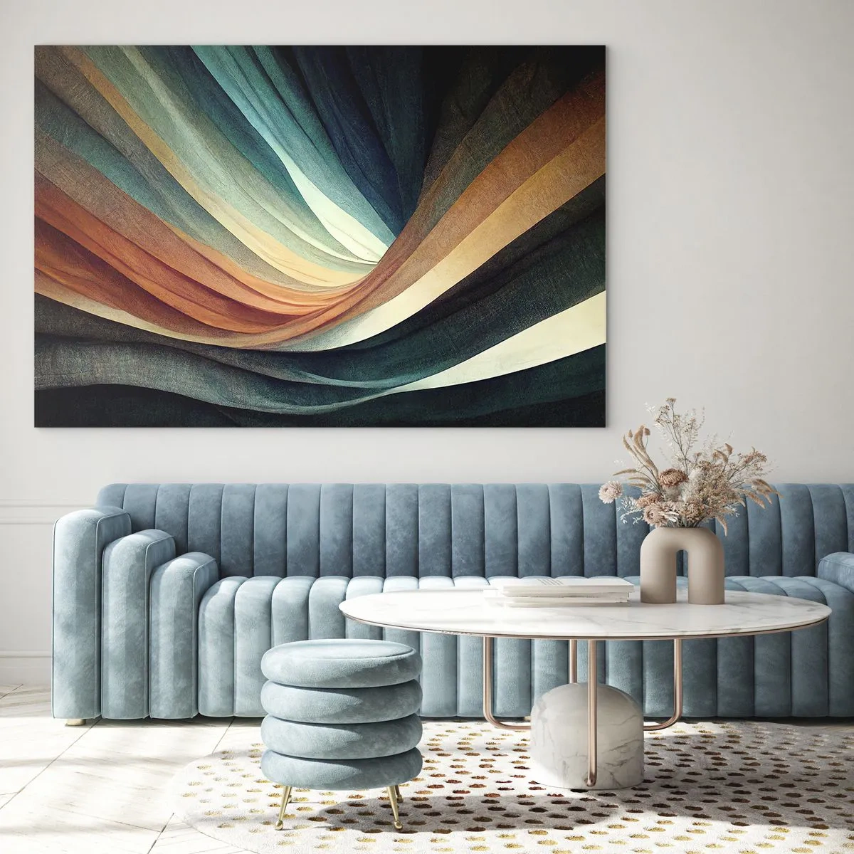Glasbild - Bild auf glas - Bunte Wellen in Türkis-, Orange- und Beigetönen - 100x70cm - Aus Farben gewebt - Moderne Wanddekoration für Wohnzimmer und Schlafzimmer ARTTOR