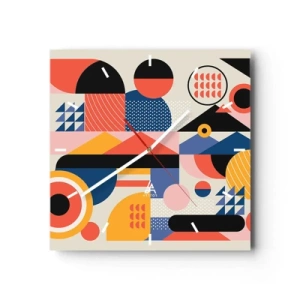 Wanduhr - Glasuhr - Bunte geometrische Formen im Retro-Stil - 30x30cm - Komposition: Na, los, spiel! - Moderne Wanddekoration für Wohnzimmer und Schlafzimmer ARTTOR