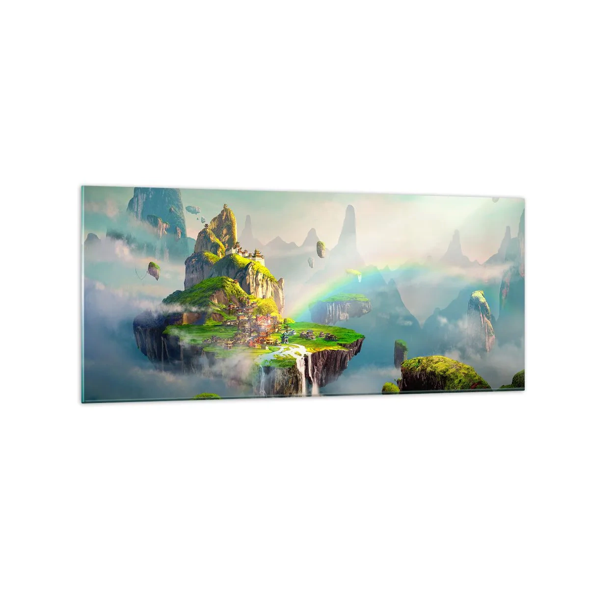 Glasbild - Bild auf glas - Fliegende Inseln zwischen den Wolken mit einem Regenbogen am Horizont - 120x50cm - Mitten am Himmel - glückliche Inseln - Moderne Wanddekoration für Wohnzimmer und Schlafzimmer ARTTOR