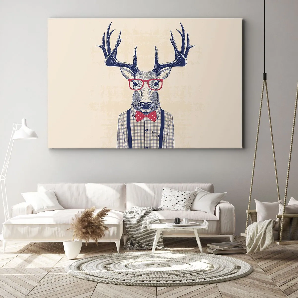 Bild auf Leinwand - Leinwandbild - Stilisierte Grafik eines Hirsches mit Brille und Fliege - 70x50cm - Eine lustige Extravaganz - Moderne Wanddekoration für Wohnzimmer und Schlafzimmer ARTTOR