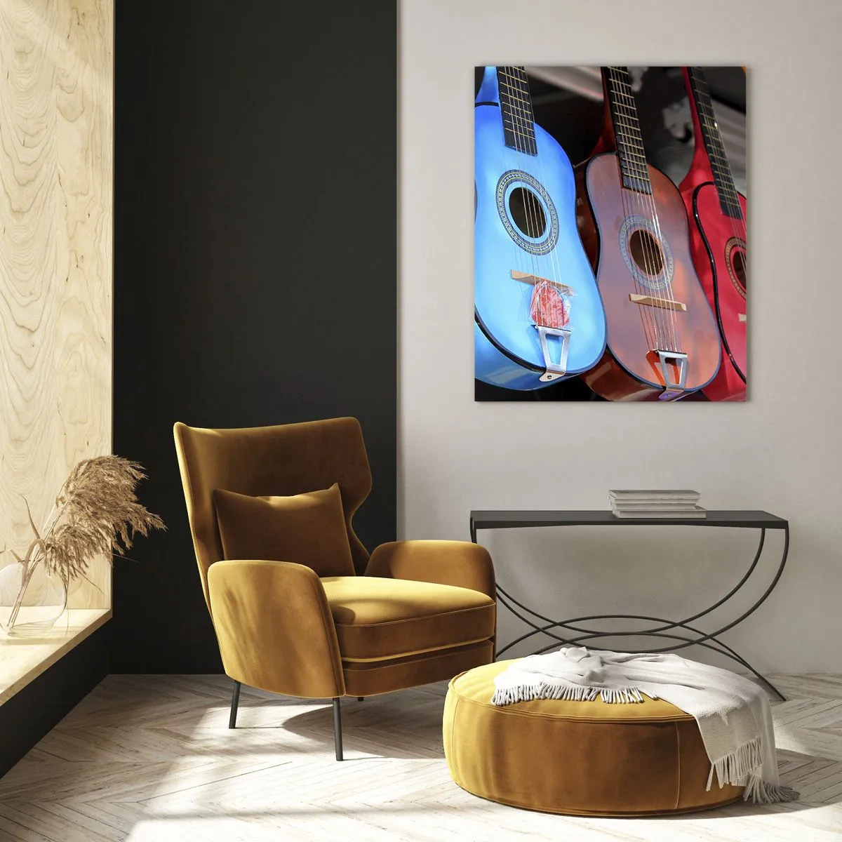 Glasbild - Bild auf glas - Bunte Akustikgitarren hängen in einer Reihe auf dem Display - 80x120cm - Lateinische Atmosphäre - Moderne Wanddekoration für Wohnzimmer und Schlafzimmer ARTTOR
