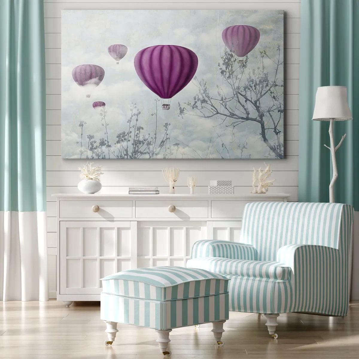 Bild auf Leinwand - Leinwandbild - Lila Ballons schweben über den Bäumen in den Wolken - 70x50cm - Wie Schiffe am Himmel - Moderne Wanddekoration für Wohnzimmer und Schlafzimmer ARTTOR
