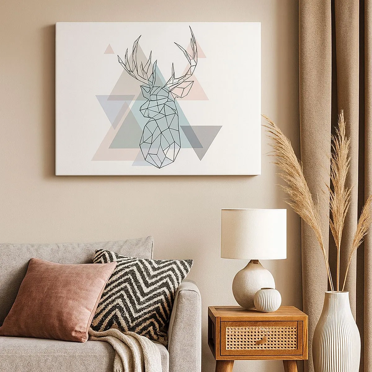 Bild auf Leinwand - Leinwandbild - Geometrischer Hirsch auf einem Hintergrund aus pastellfarbenen Dreiecken - 70x50cm - In einem geometrischen Wald - Moderne Wanddekoration für Wohnzimmer und Schlafzimmer ARTTOR