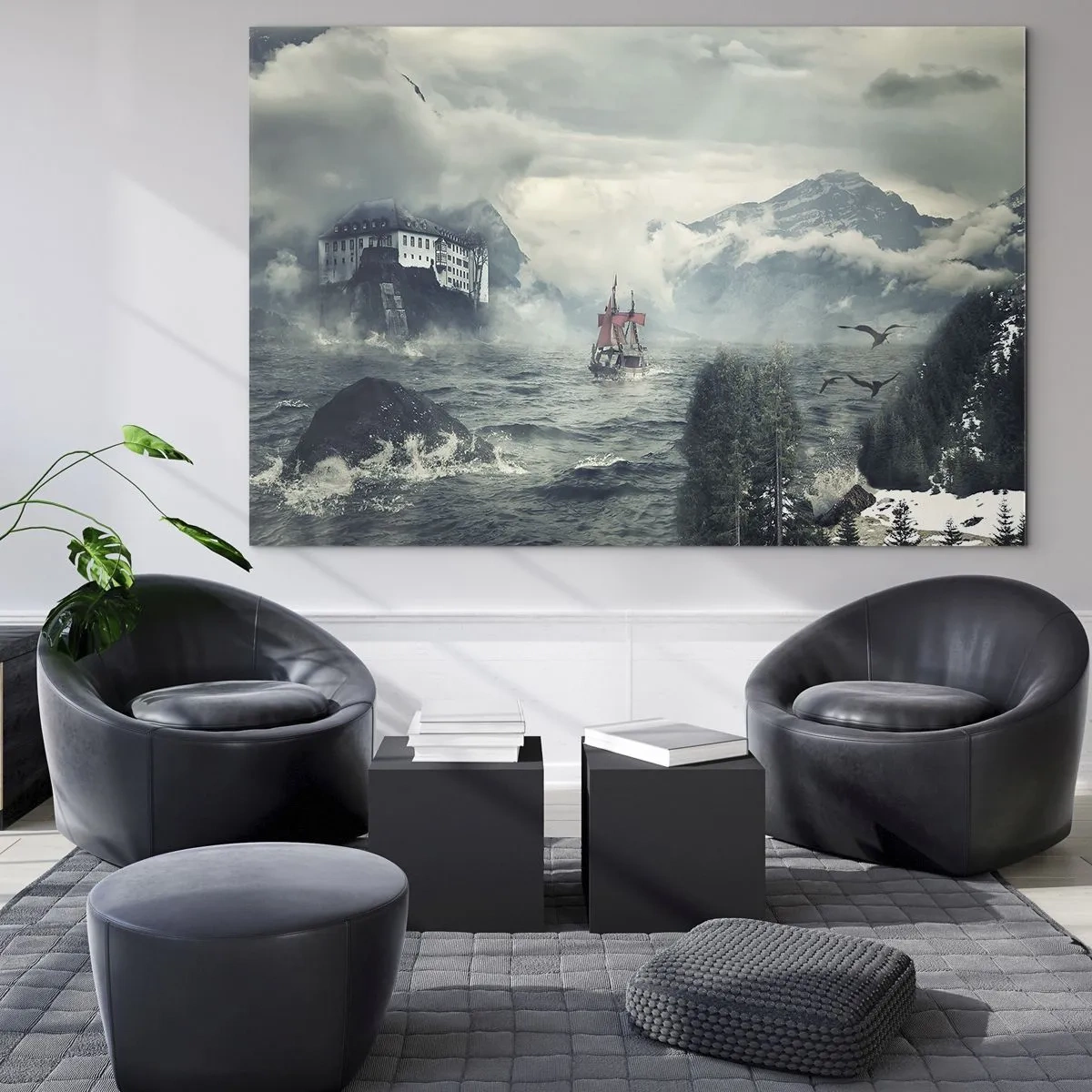 Glasbild - Bild auf glas - Ein Schiff auf stürmischer See mit einer Burg im Hintergrund - 70x50cm - In magischen Gewässern - Moderne Wanddekoration für Wohnzimmer und Schlafzimmer ARTTOR