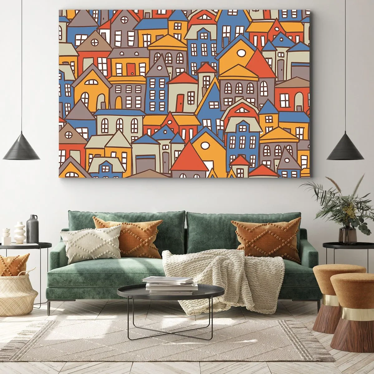 Bild auf Leinwand - Leinwandbild - Bunte Häuser im grafischen Stil auf hellem Hintergrund - 70x50cm - Hinter dem Haus ist das Haus - Moderne Wanddekoration für Wohnzimmer und Schlafzimmer ARTTOR