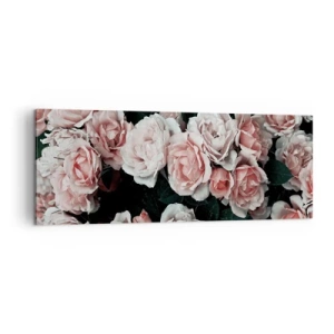Bild auf Leinwand - Leinwandbild - Rosa Rosen auf dunklem Hintergrund in einer subtilen Komposition - 140x50cm - Rosen-Ensemble - Moderne Wanddekoration für Wohnzimmer und Schlafzimmer ARTTOR