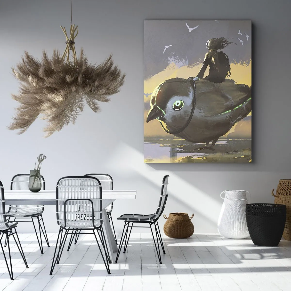 Bild auf Leinwand - Leinwandbild - Reiter auf einem riesigen Vogel in einer surrealen Landschaft - 50x70cm - Ein Stopp auf einer fantastischen Reise - Moderne Wanddekoration für Wohnzimmer und Schlafzimmer ARTTOR