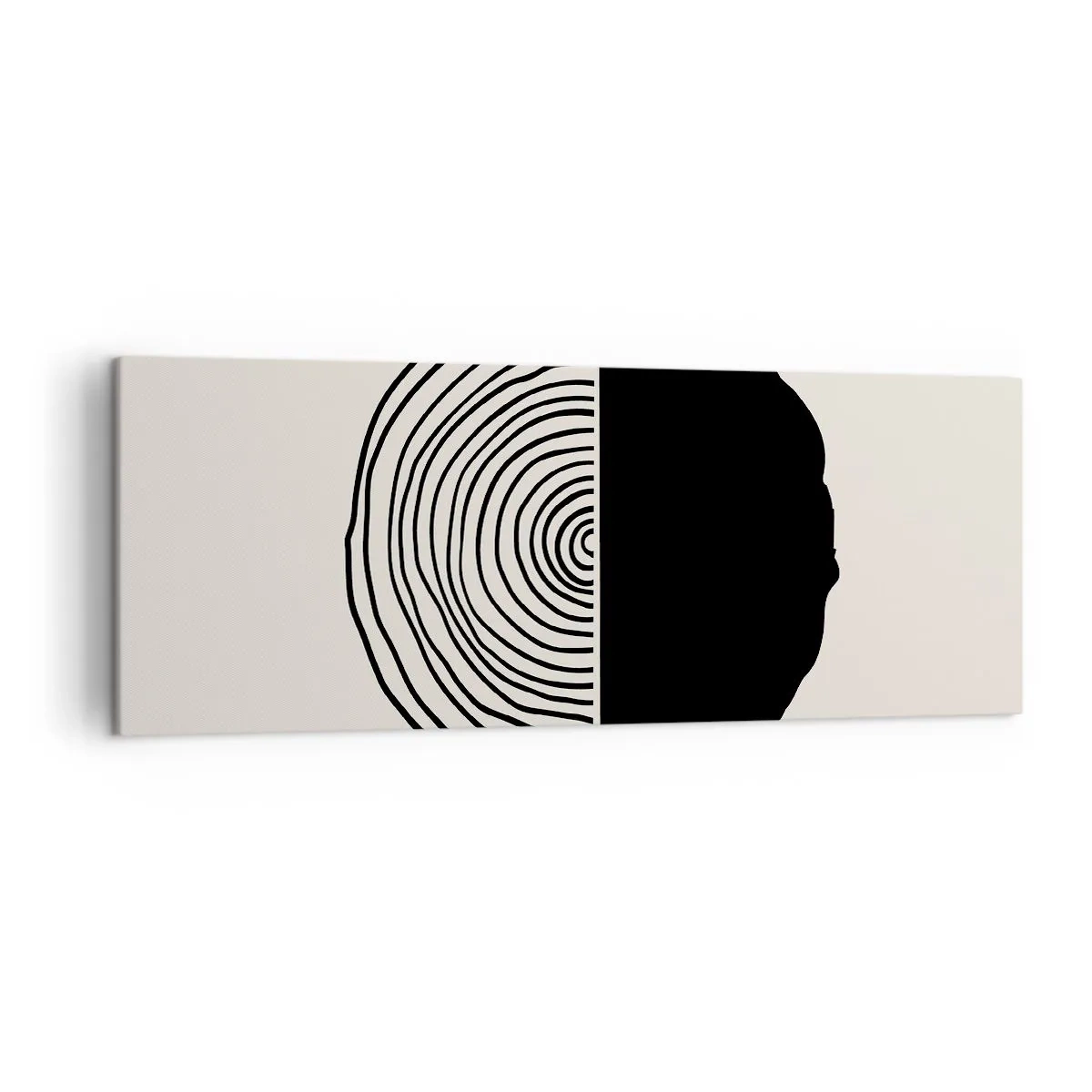 Bild auf Leinwand - Leinwandbild - Ein abstraktes Schwarz-Weiß-Motiv, inspiriert von einem Holzquerschnitt mit geometrischer Unterteilung. - 140x50cm - Halb und halb - Moderne Wanddekoration für Wohnzimmer und Schlafzimmer ARTTOR