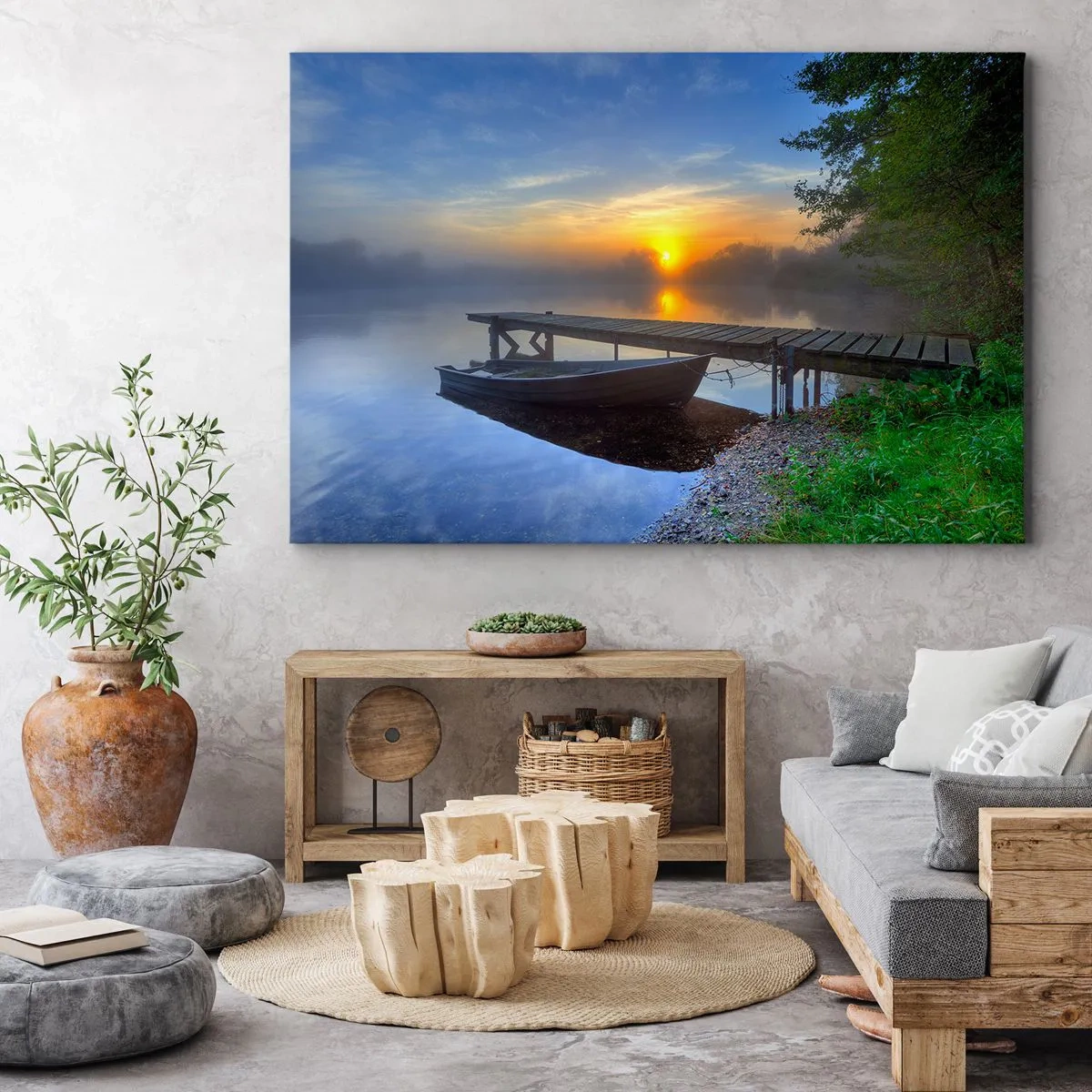Bild auf Leinwand - Leinwandbild - Ein Seesteg bei Sonnenaufgang mit einem Boot am Ufer - 100x70cm - Wie aus Gewöhnlichem Magie wird - Moderne Wanddekoration für Wohnzimmer und Schlafzimmer ARTTOR