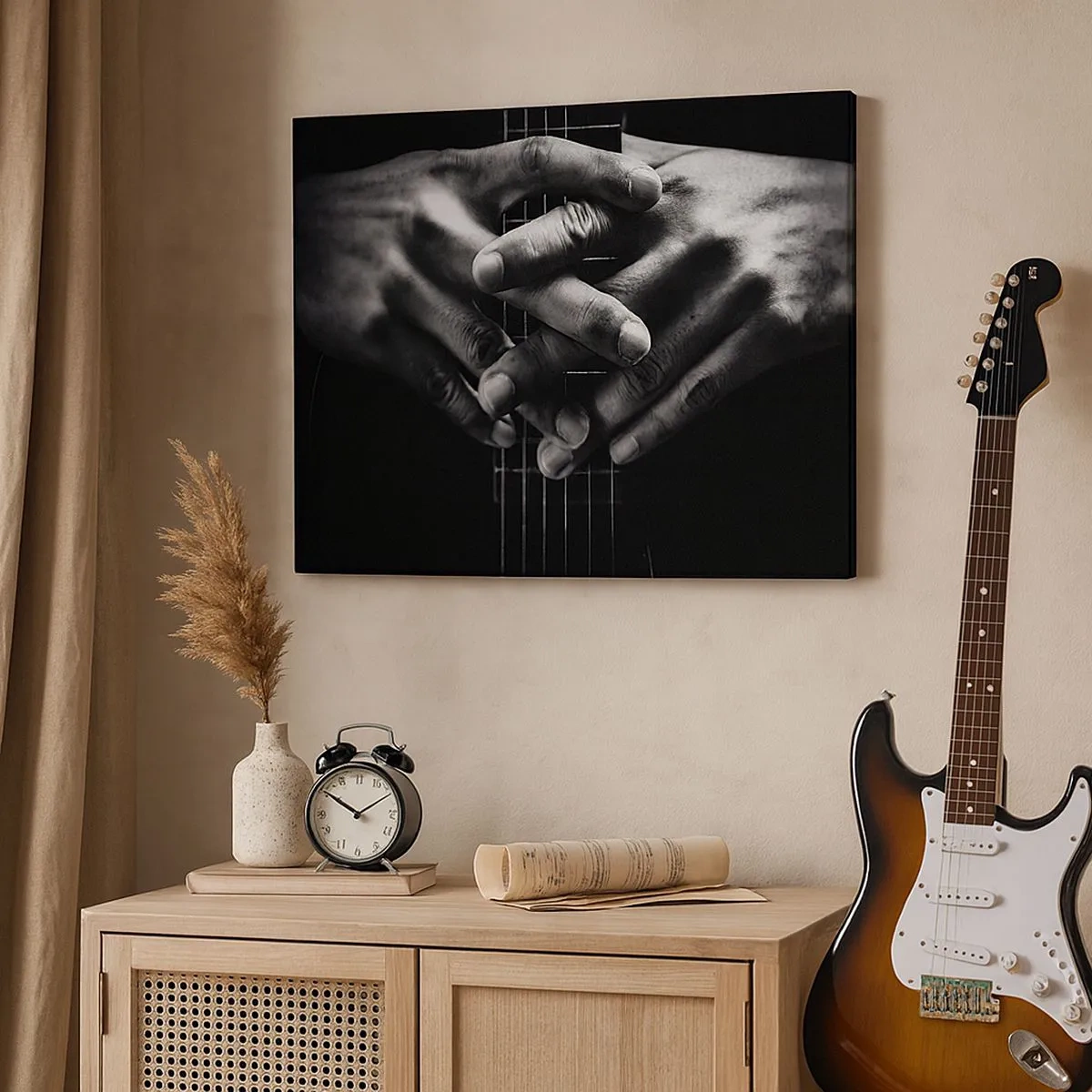 Bild auf Leinwand - Leinwandbild - Hände auf einer Gitarre in einem monochromen Ton gefaltet - 70x50cm - Gebet des Künstlers - Moderne Wanddekoration für Wohnzimmer und Schlafzimmer ARTTOR