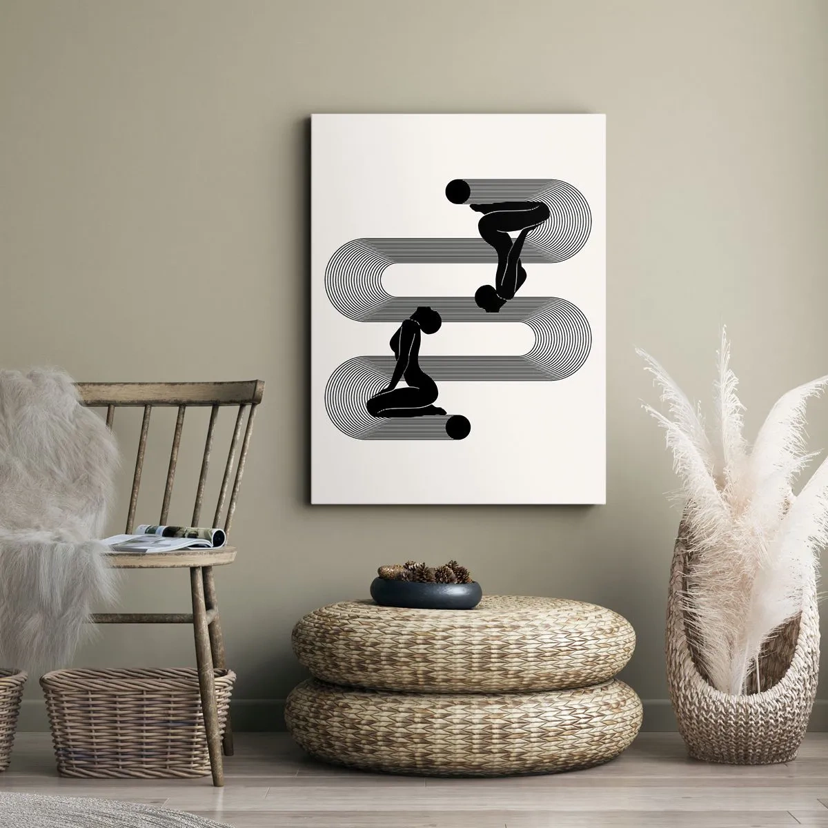 Bild auf Leinwand - Leinwandbild - Schwarze Silhouetten mit geometrischen Linien auf hellem Hintergrund - 50x70cm - Sinnliche Symmetrie - Moderne Wanddekoration für Wohnzimmer und Schlafzimmer ARTTOR