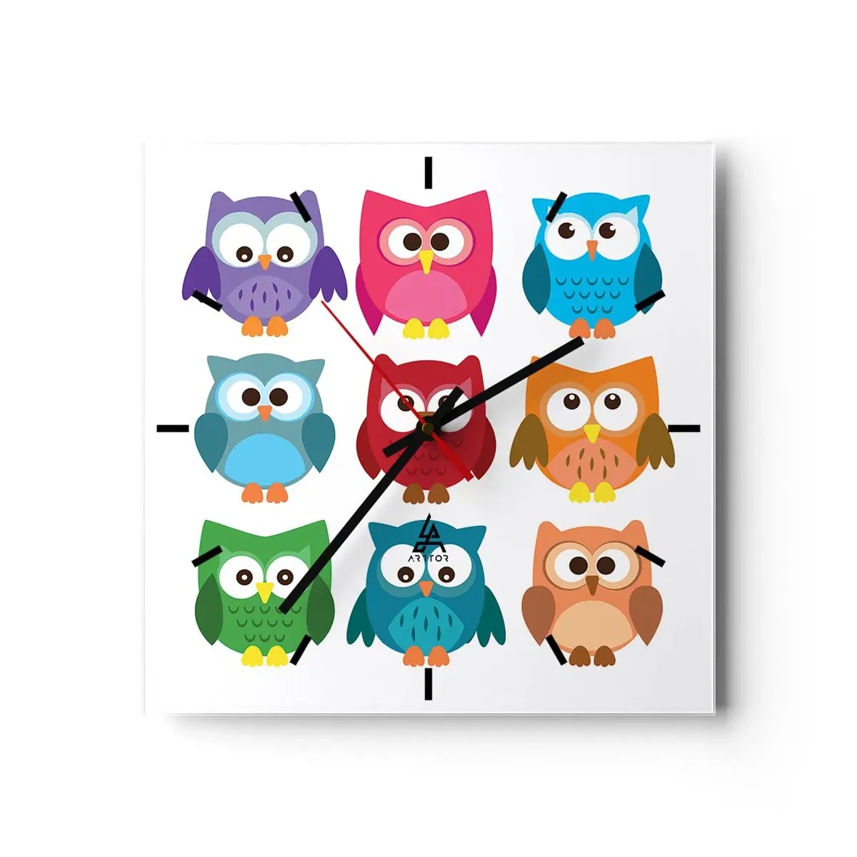Wanduhr - Glasuhr - Bunte Eulenillustrationen im kindlichen Stil - 30x30cm - Es macht Spaß, anders zu sein - Moderne Wanddekoration für Wohnzimmer und Schlafzimmer ARTTOR