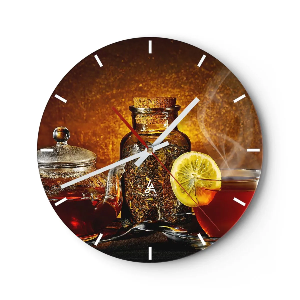 Wanduhr - Glasuhr - Tee mit Zitrone und einem Glas getrockneter Kräuter auf goldenem Hintergrund - 30x30cm - Im Stil der niederländischen Meister - Moderne Wanddekoration für Wohnzimmer, Küche und Schlafzimmer ARTTOR