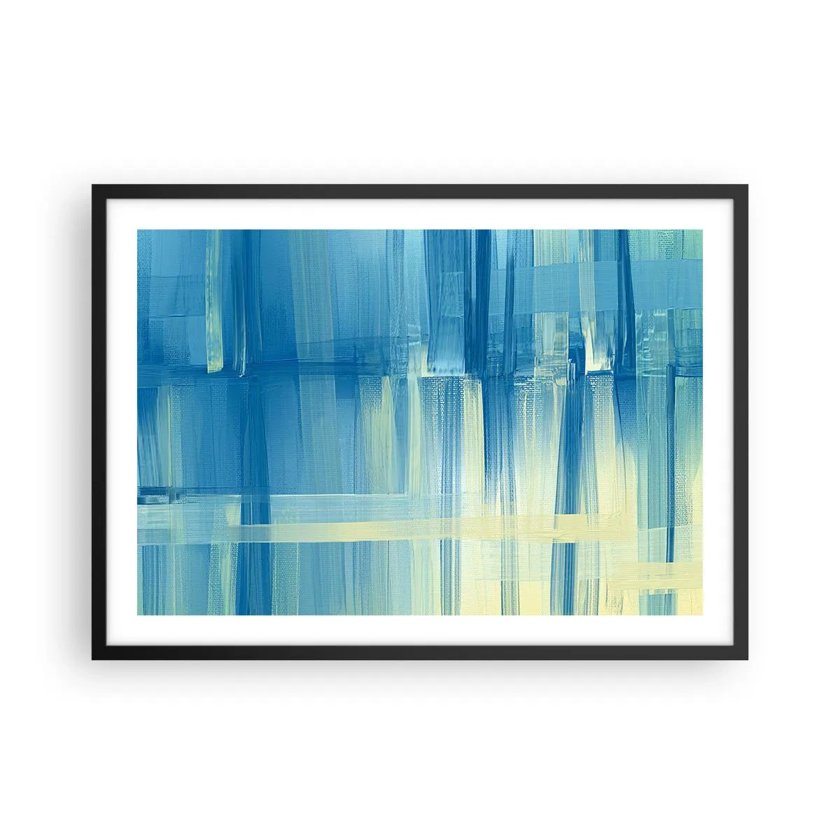 Poster in einem schwarzem Rahmen - Ein abstraktes Gemälde in Türkis- und Blautönen mit geometrischen Pinselstrichen. - 70x50cm - Komposition in Türkis - Moderne Wanddekoration für Wohnzimmer und Schlafzimmer ARTTOR