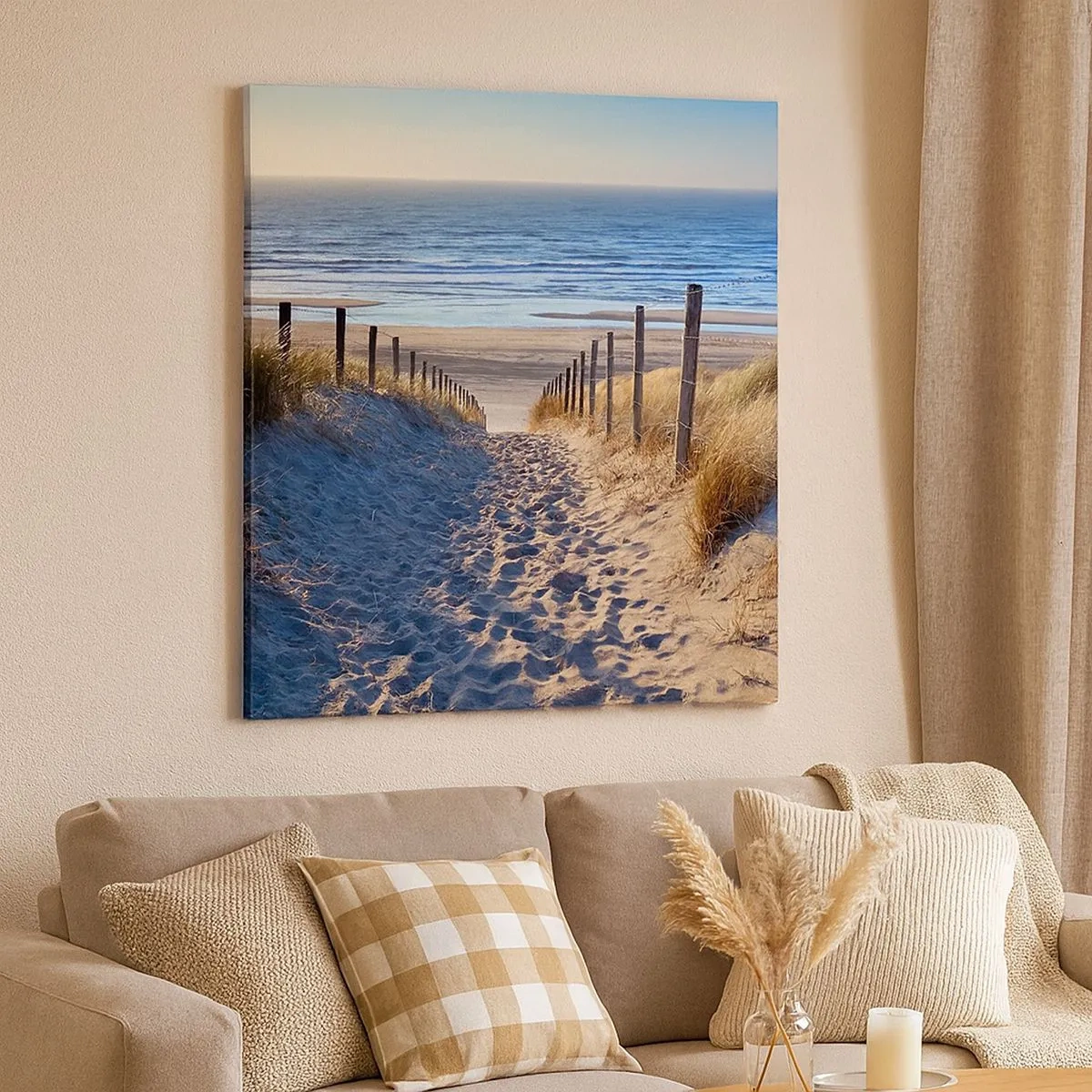 Bild auf Leinwand - Leinwandbild - Das Rauschen des Meeres, der Gesang der Vögel, ein wilder Strand im Gras ... - 30x30 cm