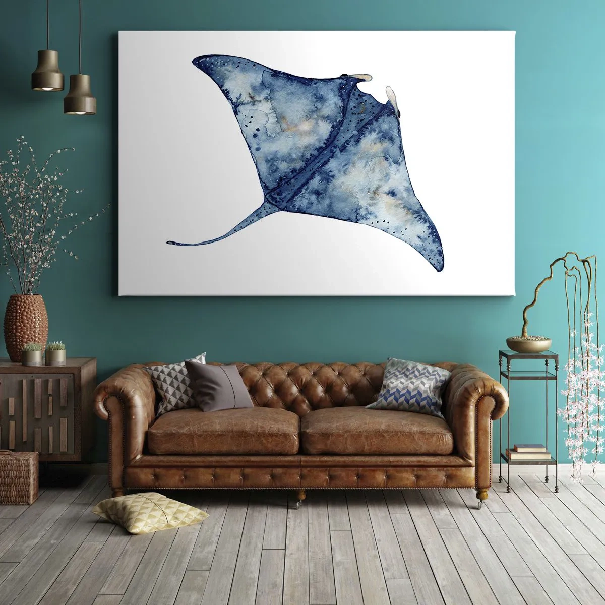 Bild auf Leinwand - Leinwandbild - Blauer Stachelrochen im Aquarellstil auf weißem Hintergrund - 120x80cm - Leben im Blau - Moderne Wanddekoration für Wohnzimmer und Schlafzimmer ARTTOR