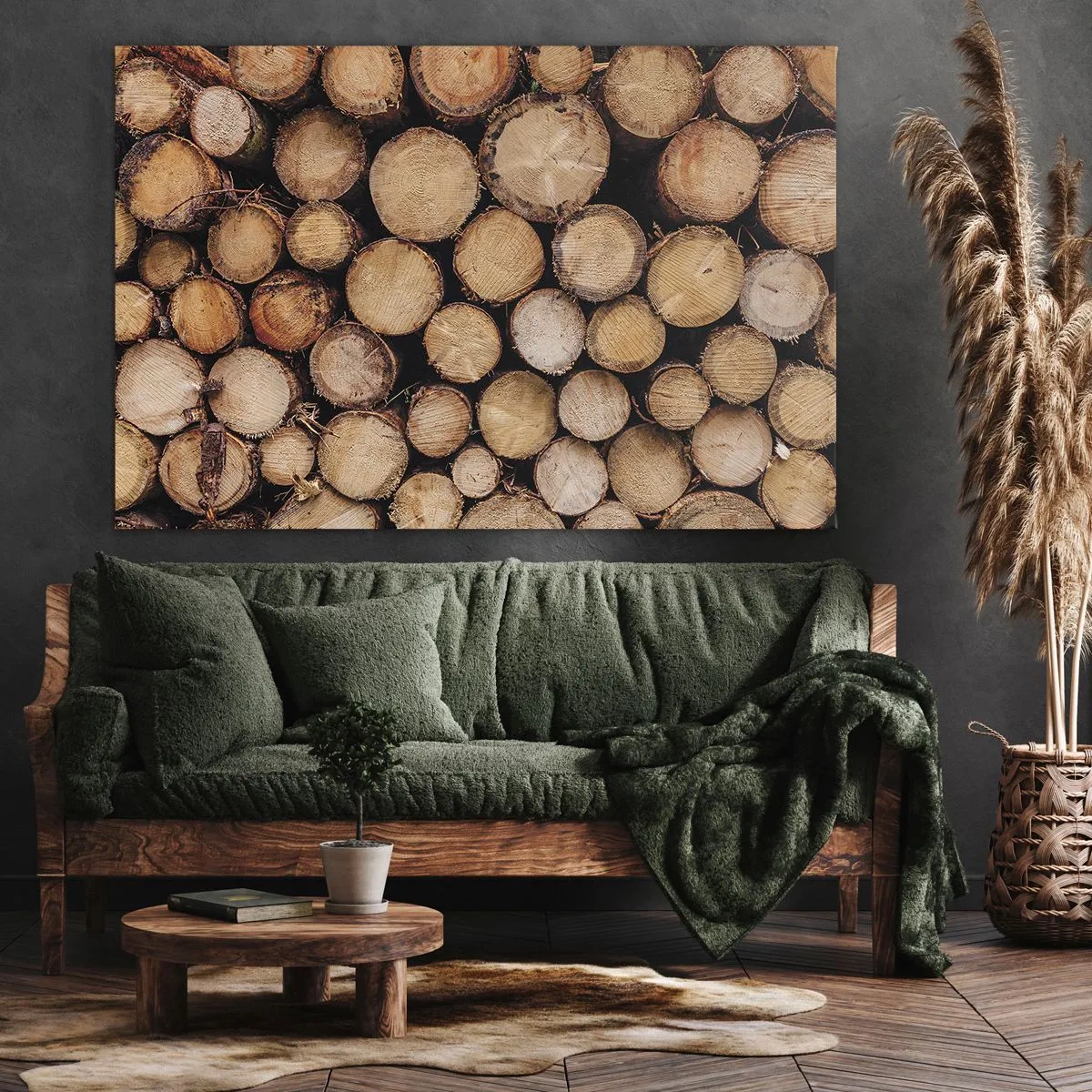 Bild auf Leinwand - Leinwandbild - Stapel gefällter Baumstämme in harmonischer Anordnung - 100x70cm - Ein neuer Anfang - Moderne Wanddekoration für Wohnzimmer und Schlafzimmer ARTTOR