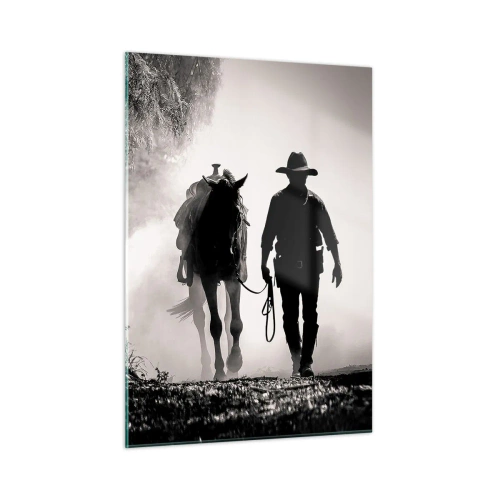 Glasbild - Bild auf glas - Silhouette eines Cowboys, der ein Pferd durch eine neblige Landschaft führt - 50x70cm - Texas-Morgen - Moderne Wanddekoration für Wohnzimmer und Schlafzimmer ARTTOR