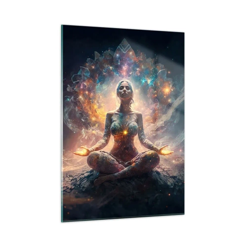 Glasbild - Bild auf glas - Eine meditierende Frau in einer leuchtenden Aura aus Energie und Farbe - 50x70cm - Fluss guter Energie - Moderne Wanddekoration für Wohnzimmer und Schlafzimmer ARTTOR
