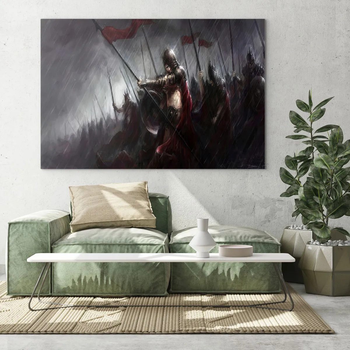 Glasbild - Bild auf glas - Ritter im Regen auf dem Schlachtfeld in voller Montur - 70x50cm - Passant, sag Sparta ... - Moderne Wanddekoration für Wohnzimmer und Schlafzimmer ARTTOR